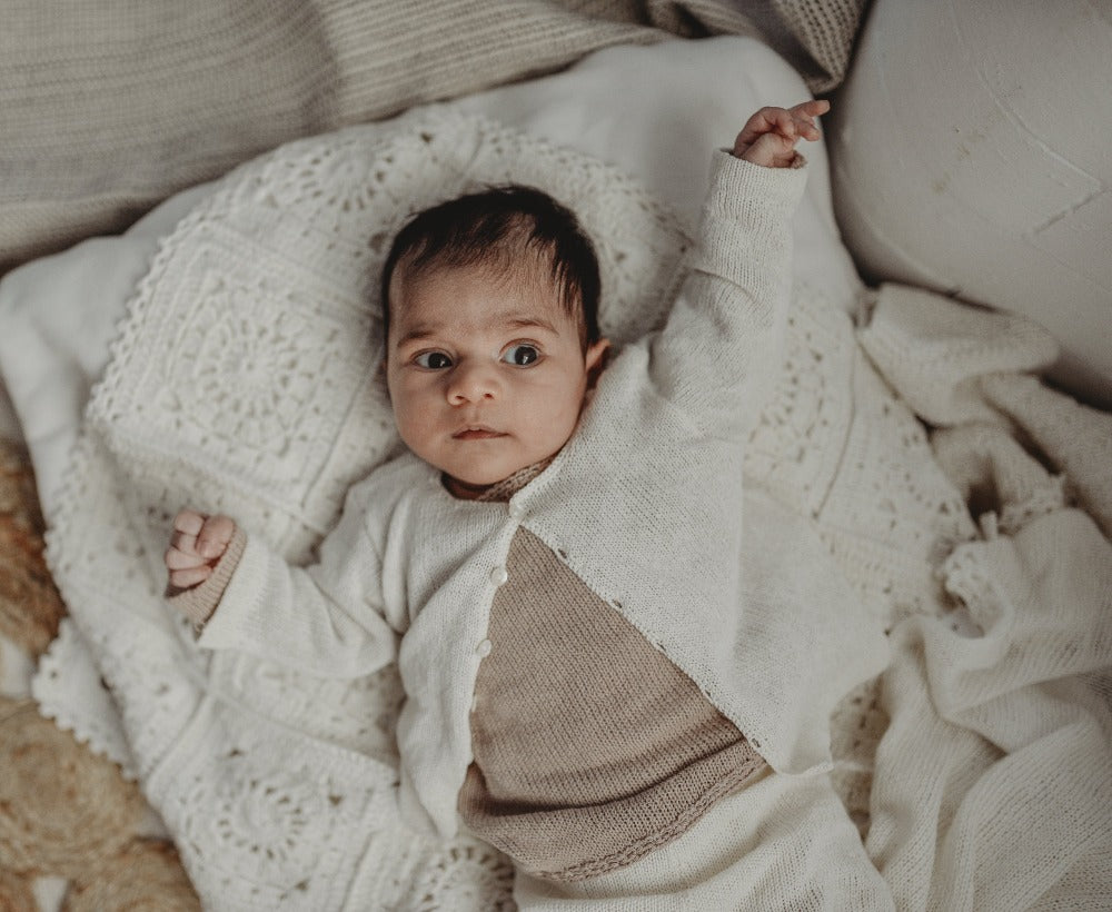 organic cotton neutral and natural baby knits, cardigans, jumpers and trousers